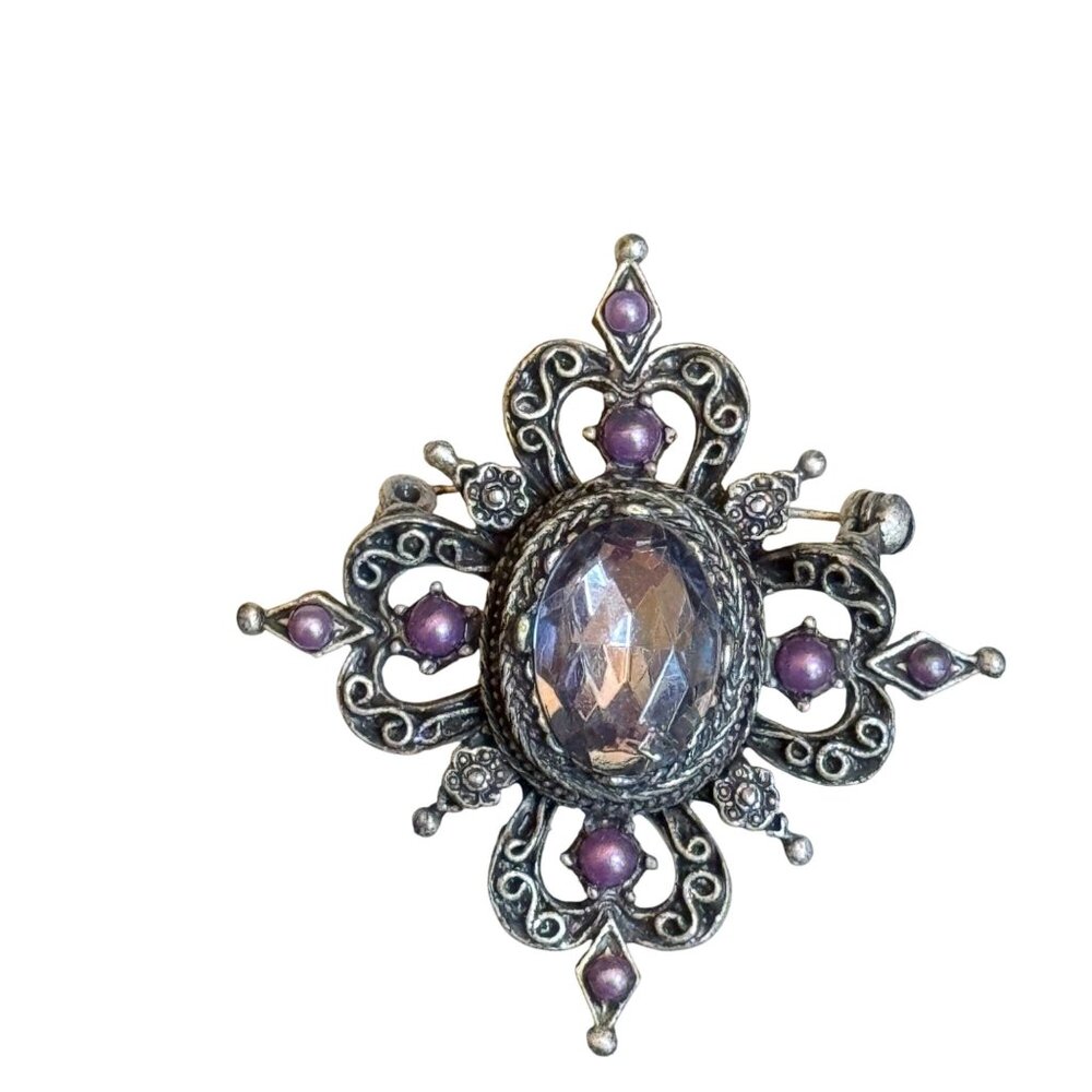 Vintage Connected Accessories Silver-Tone Brooch With Purple Accents & Faceted C